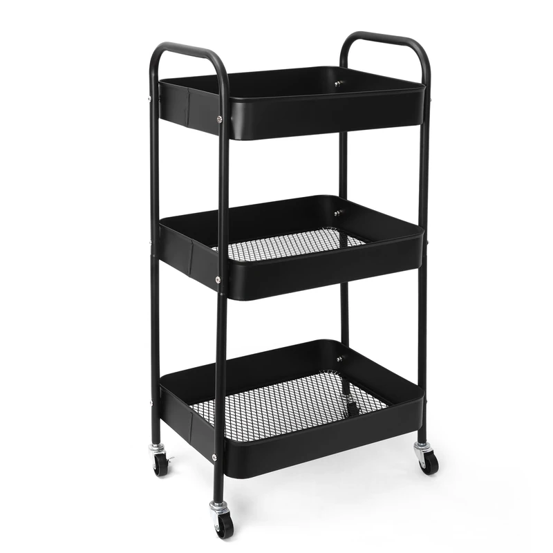 Clarisworld Storage Cart with 3-tier Rolling Utility Trolley with Lockable Wheels and handles Space-Saving Shelf Rack for Multi-Purpose Shelving Organiser for Home, Office, Easy Assembly (Black)
