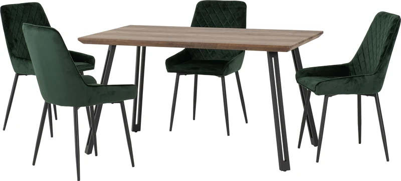 Seconique Quebec Straight Edge Dining Set with Avery Chairs in Medium Oak Effect/Black/Emerald Green Velvet