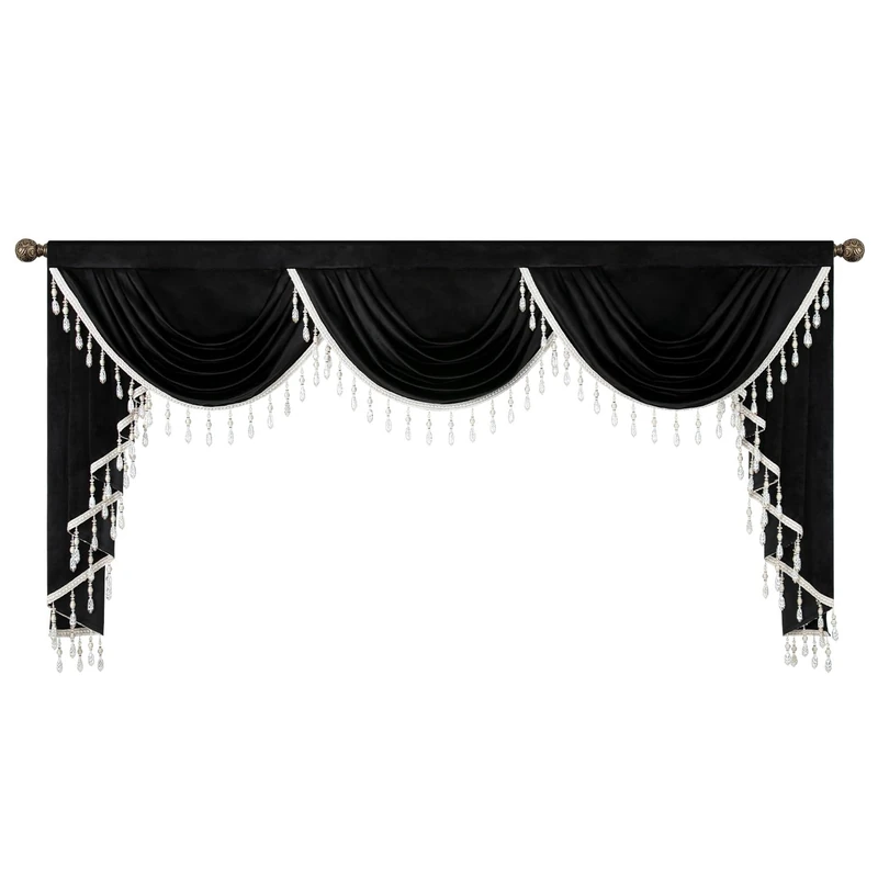 VOGOL Vintage Style Valances for Bedroom, Super Soft Velvet Swag Curtains with Tassels for Living Room, Rod Pocket Waterfall Valance for Banquet, Black, 79 Inch Wide, 1 Panel, 008CMQH19014BKS79