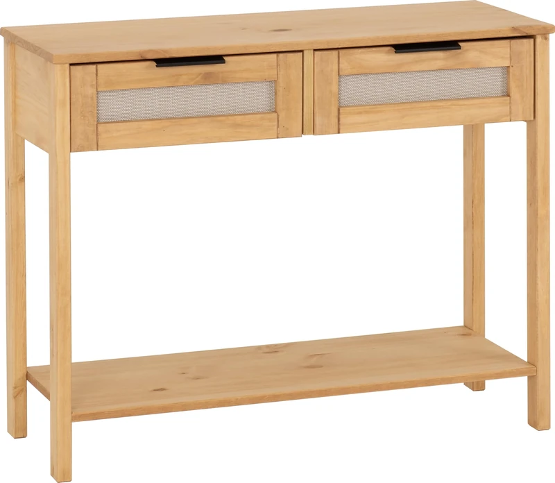Seconique Console Table, Engineered Wood, Distressed Wax Pine/Rattan Effect, W 900mm x D 350mm x H 725mm