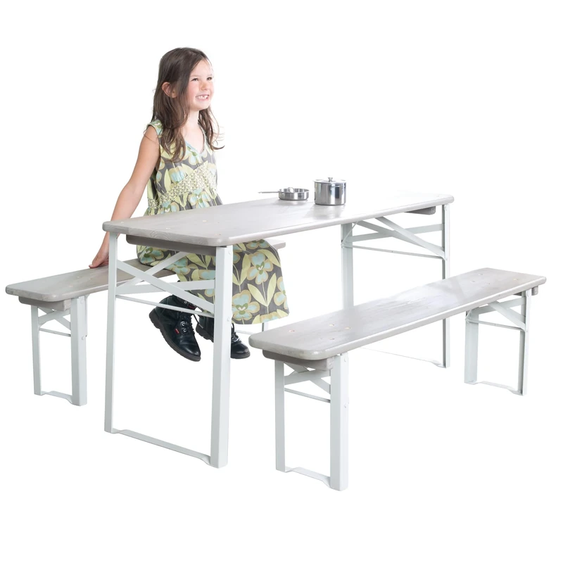 roba Outdoor Party Bench for Children - Children's Seating Set Made of FSC Certified Wood - 2 Benches + 1 Children's Table - Foldable Camping Table for Ages 24 Months and Up - Light Grey