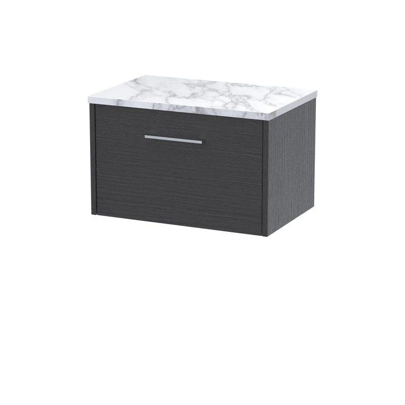 Hudson Reed JNU2222LCM Juno Modern Bathroom Wall Hung Single Drawer Vanity Unit and Carrera Marble Laminate Worktop, 600mm, Graphite Grey Woodgrain