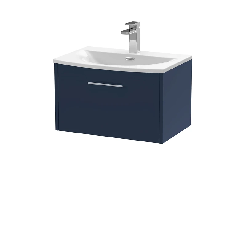 Hudson Reed JNU2922G Juno Modern Bathroom Wall Hung Single Soft Close Drawer Vanity Unit and Curved Basin, 600mm, Midnight Blue