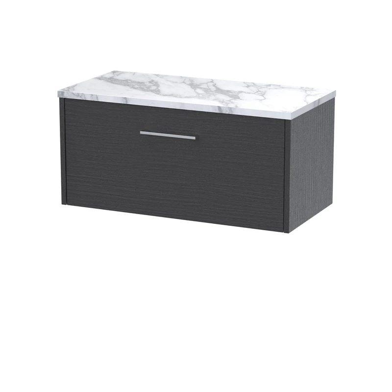 Hudson Reed JNU2225LCM Juno Modern Bathroom Wall Hung Single Drawer Vanity Unit and Carrera Marble Laminate Worktop, 800mm, Graphite Grey Woodgrain