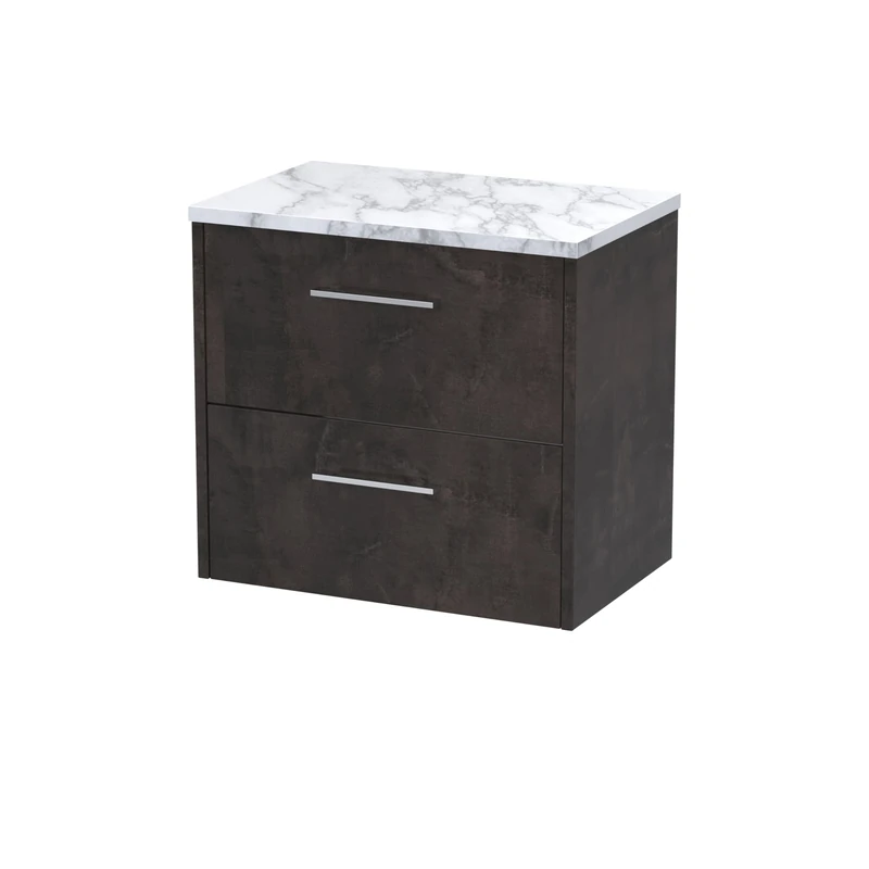 Hudson Reed JNU2624LCM Juno Modern Bathroom Wall Hung 2 Soft Close Drawer Vanity Unit and Carrera Marble Laminate Worktop, 600mm, Metallic Slate