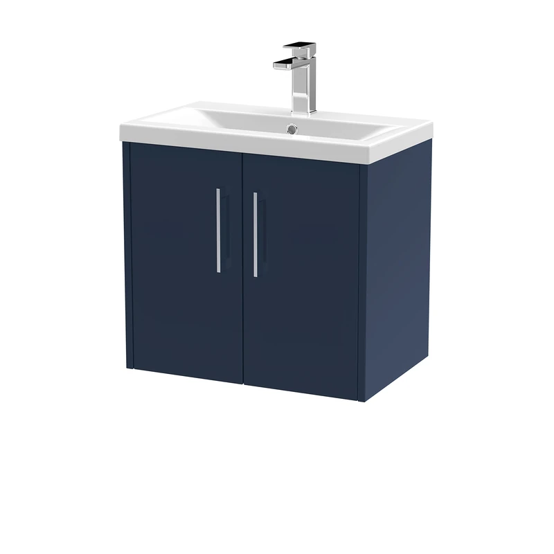 Hudson Reed JNU2923A Juno Modern Bathroom Wall Hung 2 Soft Close Door Vanity Unit and Mid-Edge Basin, 600mm, Midnight Blue