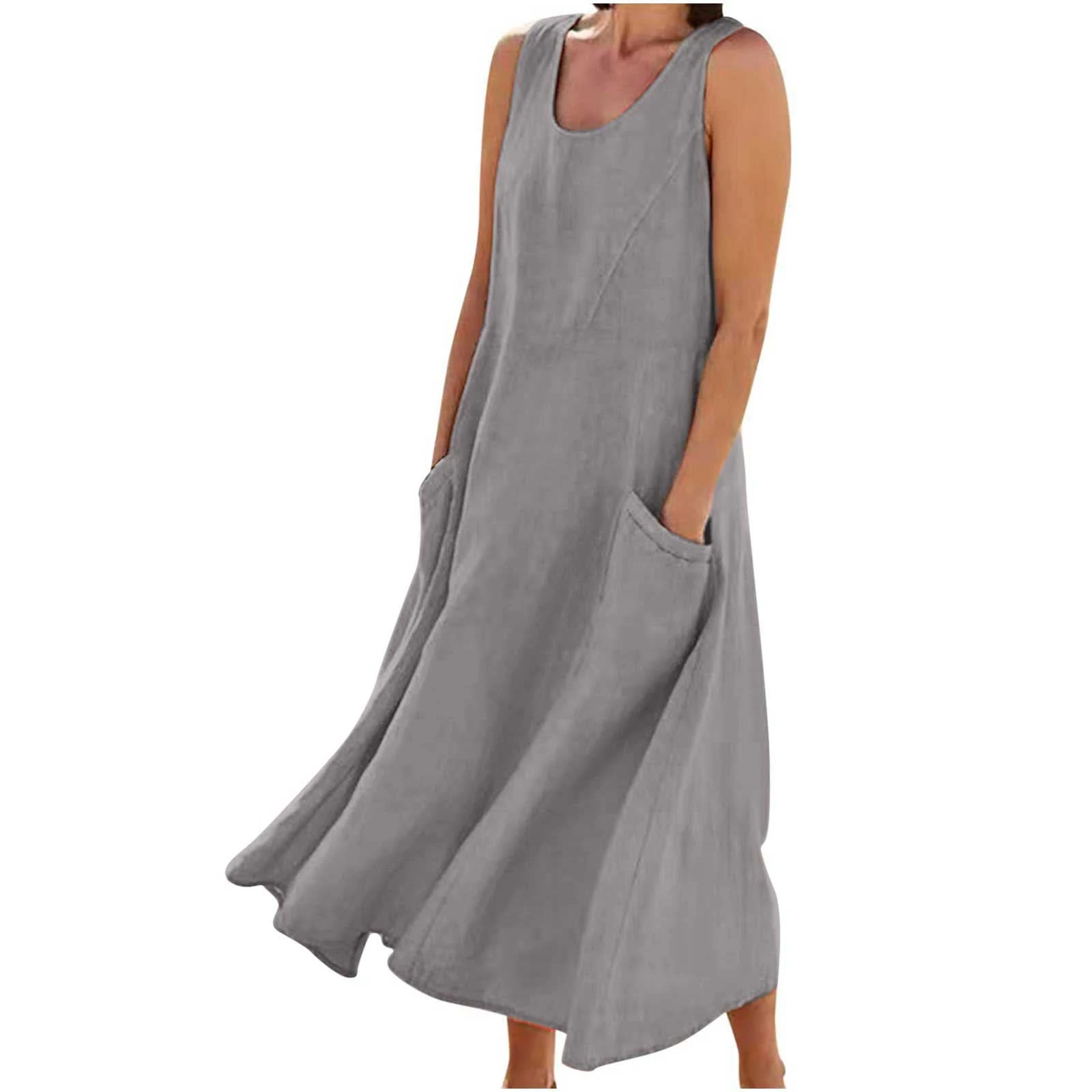 Maxi Dresses for Women UK Cotton Linen Casual Oversized Tunic Dress Sleeveless Vest Dress with Pocket Solid Color A-line Dress Baggy Beach Long Dress Summer Floral Print Sundress