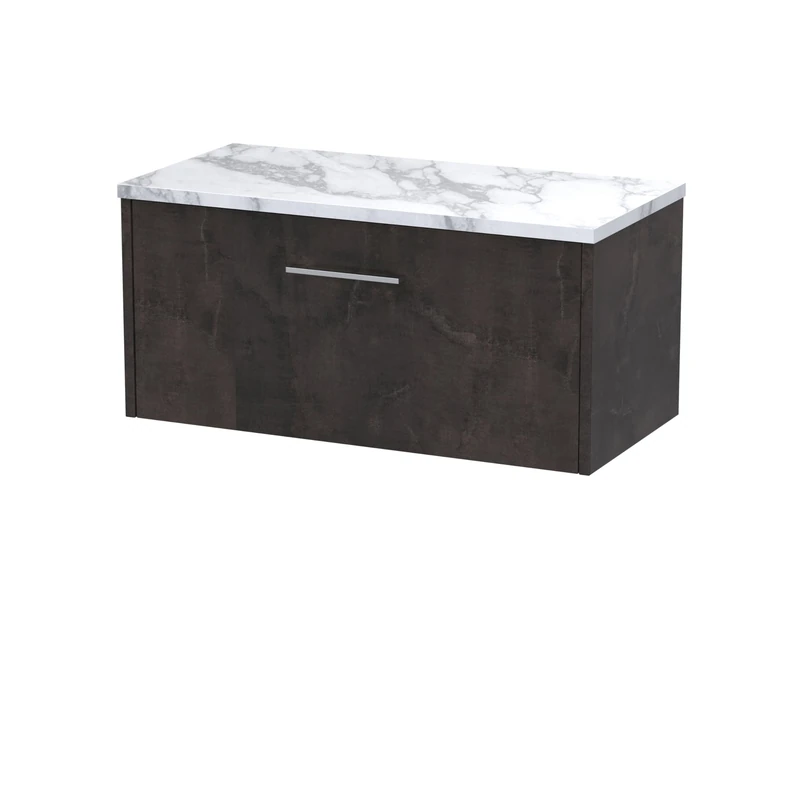 Hudson Reed JNU2625LCM Juno Modern Bathroom Wall Hung Single Soft Close Drawer Vanity Unit and Carrera Marble Laminate Worktop, 800mm, Metallic Slate