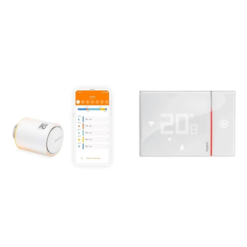 Netatmo Additional Smart Radiator Valve, Add-on for Smart Thermostat and for collective or district heating, NAV -EN + Legrand Smarther with Netatmo Thermostat - White