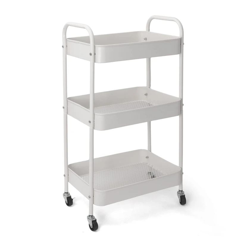 Clarisworld Storage Cart with 3-tier Rolling Utility Trolley with Lockable Wheels and handles Space-Saving Shelf Rack for Multi-Purpose Shelving Organiser for Home, Office, Easy Assembly (White)
