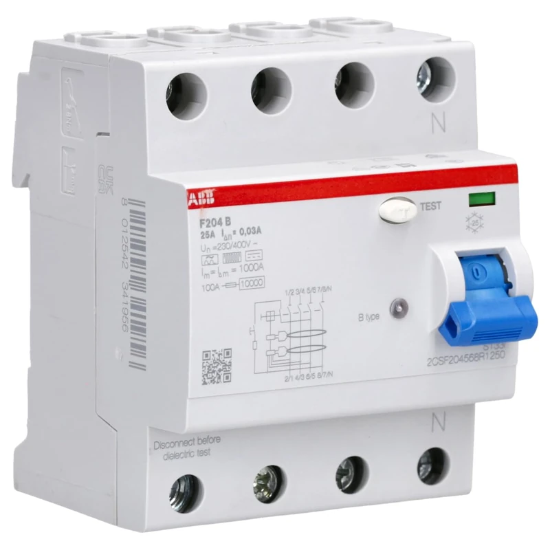 ABB Protecta Plus F204 B-25/0.03 Residual Current Circuit Breaker • 4 Pole • 25A • Type B • 30mA • RCCB • DIN Rail • F200 Series • Earth Fault Protection • 2CSF204568R1250