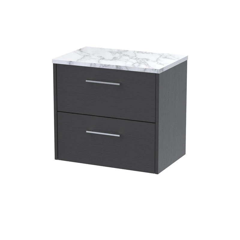 Hudson Reed JNU2224LCM Juno Modern Bathroom Wall Hung 2 Drawer Vanity Unit and Carrera Marble Laminate Worktop, 600mm, Graphite Grey Woodgrain