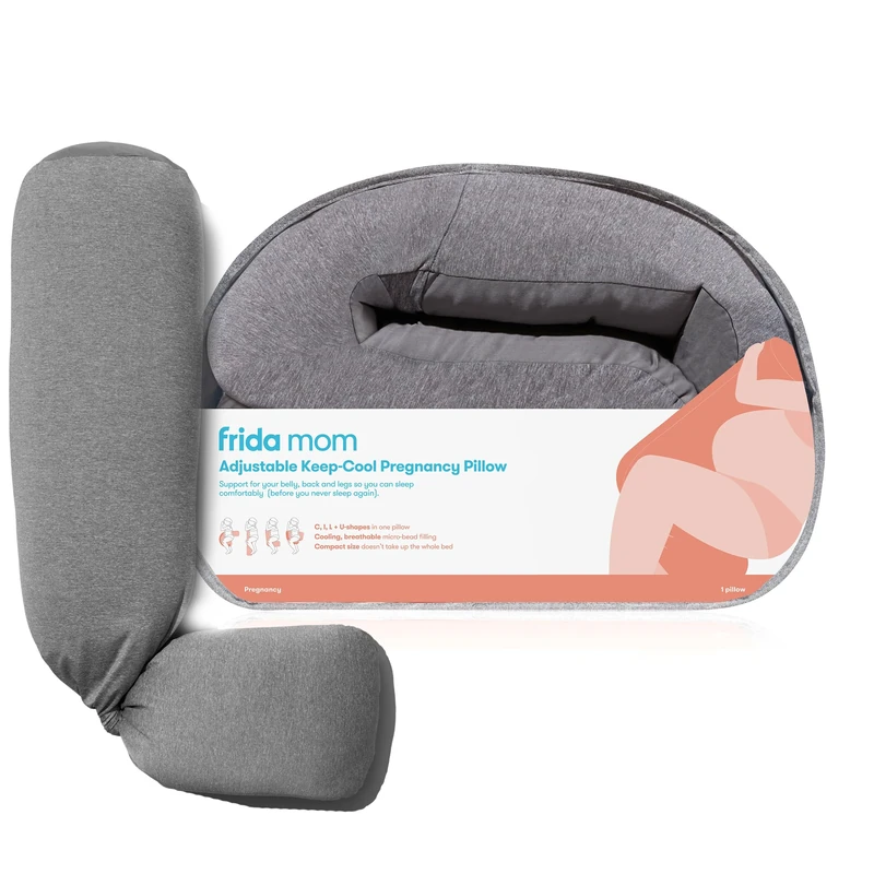 Frida Mom Keep-Cool Pregnancy Pillow, Easy to Clean Cooling Body Pillow, Adjustable for Comfortable Sleep, Provides Pregnancy Belly, Back, and Leg Support, Gray