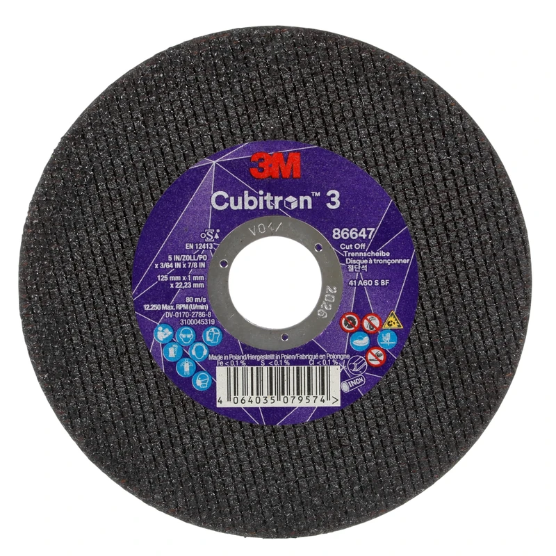 3M Cubitron 3 Cut-Off Wheel, 86647, 60+, T41, 125 mm x 1 mm x 22.23 mm, EN, 25/ Pack
