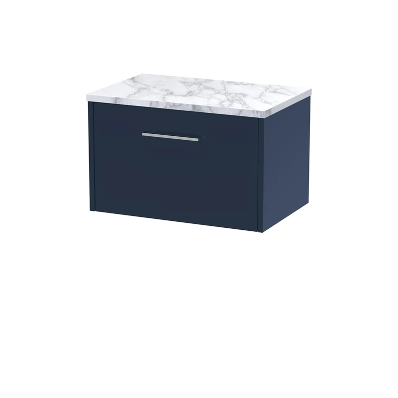 Hudson Reed JNU2922LCM Juno Modern Bathroom Wall Hung Single Soft Close Drawer Vanity Unit and Carrera Marble Laminate Worktop, 600mm, Midnight Blue