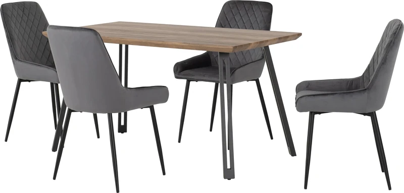 Seconique Quebec Straight Edge Dining Set with Avery Chairs in Medium Oak Effect/Black/Grey Velvet