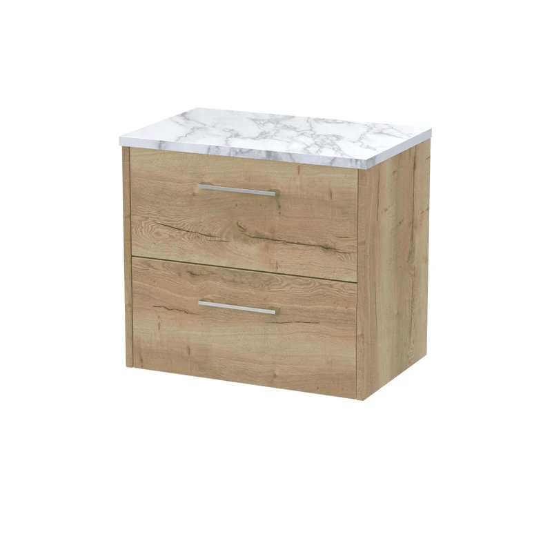 Hudson Reed JNU1824LCM Juno Modern Bathroom Wall Hung 2 Soft Close Drawer Vanity Unit and Carrera Marble Laminate Worktop, 600mm, Autumn Oak