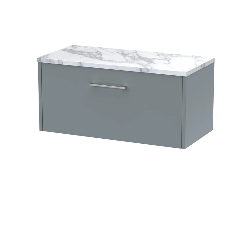 Hudson Reed JNU2325LCM Juno Modern Bathroom Wall Hung Single Soft Close Drawer Vanity Unit and Carrera Marble Laminate Worktop, 800mm, Coastal Grey