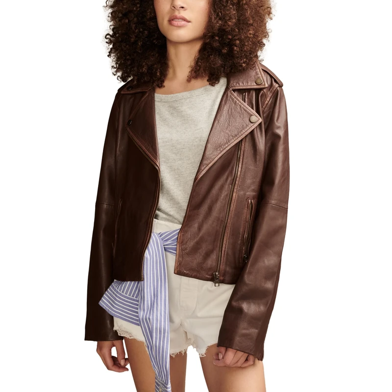 Lucky Brand Women's Classic Leather Moto Jacket, Chestnut, L