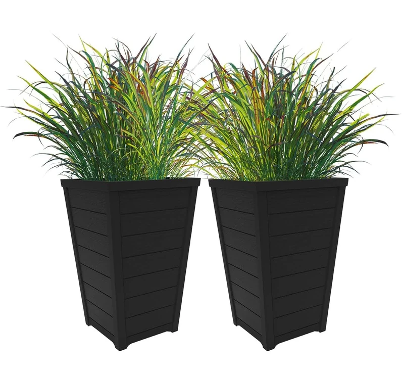 Keter Tall Large Flower Pots, Tapered Wood Look Planters for, Resin, Graphite - Image 1