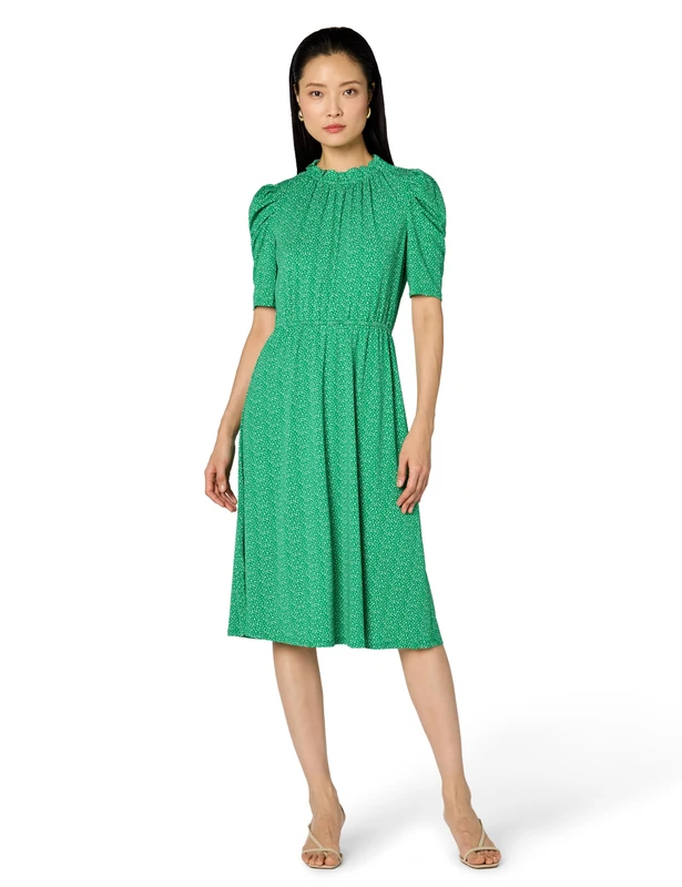 Adrianna Papell Women's Ruffle Neck Short Sleeve Dress Casual, Emerald Scattered Leaf, M