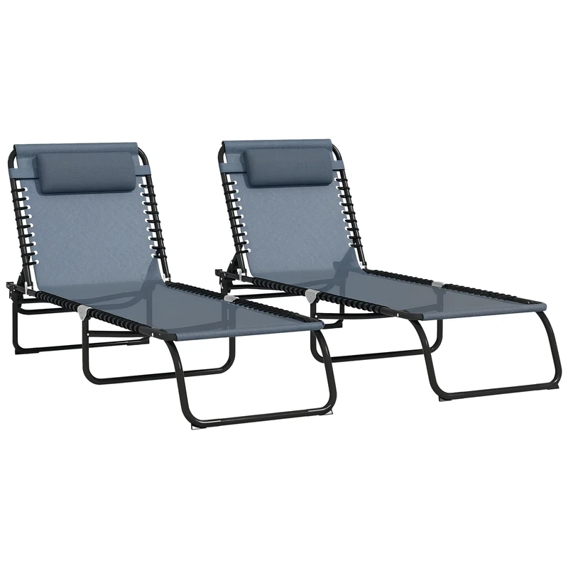 Outsunny 2 Piece Foldable Sun Loungers, Outdoor 4 Level Adjustable Backrest Reclining Chaise Chairs, Steel Frame Recliner Chair for Camping, Hiking, Grey
