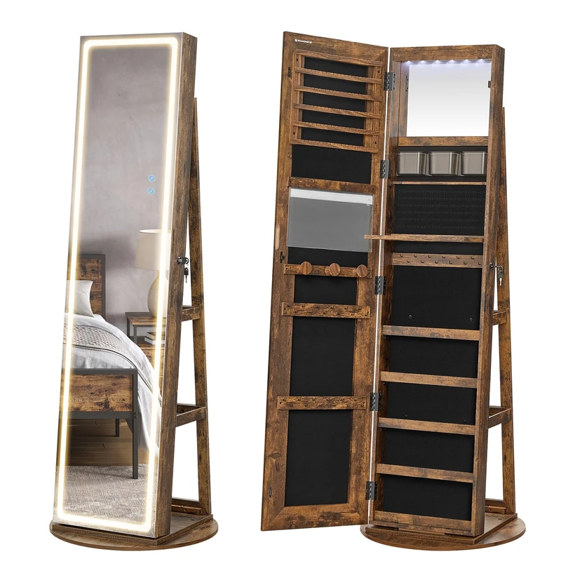 SONGMICS LED Mirror Jewellery Cabinet - Rustic Brown JJC008X02