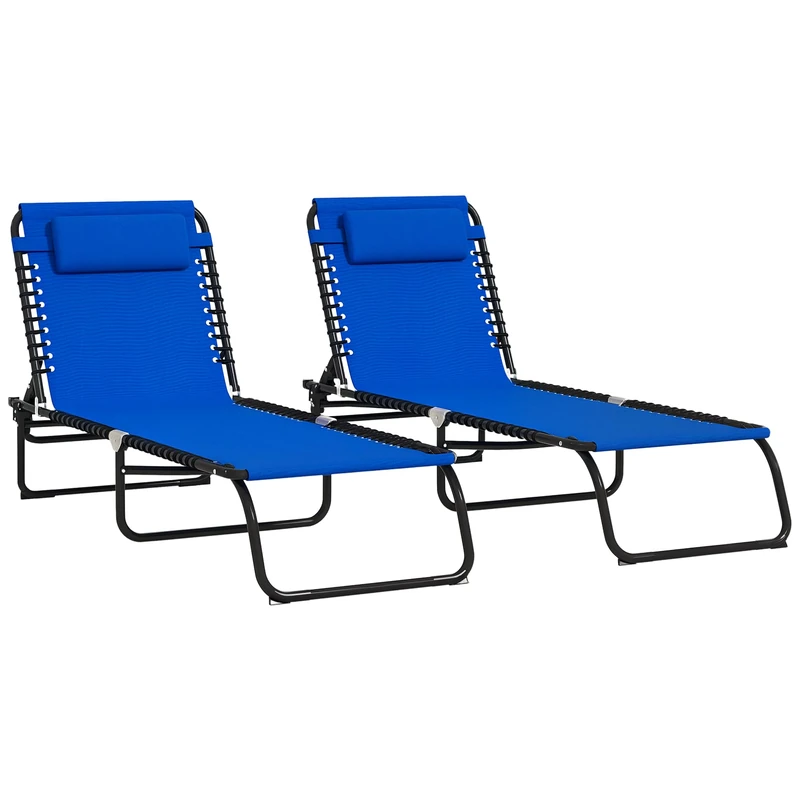 Outsunny 2 Piece Foldable Sun Loungers, Outdoor 4 Level Adjustable Backrest Reclining Chaise Chairs, Steel Frame Recliner Chair for Camping, Hiking, Navy Blue