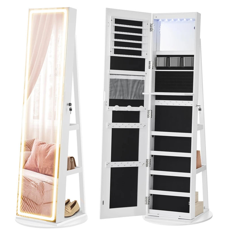 SONGMICS LED Mirror Jewellery Cabinet Standing, Lockable Jewellery Armoire with Full-Length Mirror and Adjustable LED Lights, Space-Saving Jewellery Organiser, Gift Idea, Cloud White JJC008W02