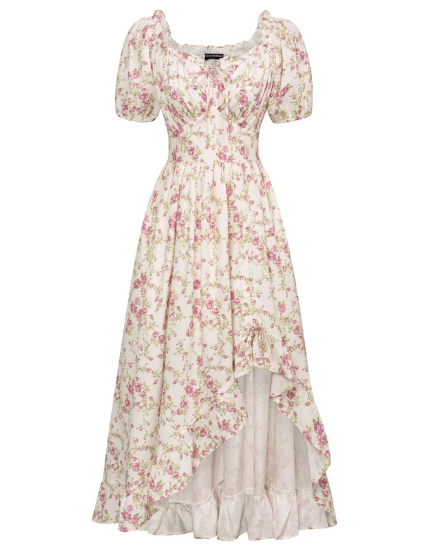 Scarlet Darkness Summer Floral Milkmaid Dress Cottagecore Corset Dress with Pockets, Pink Flower, XL