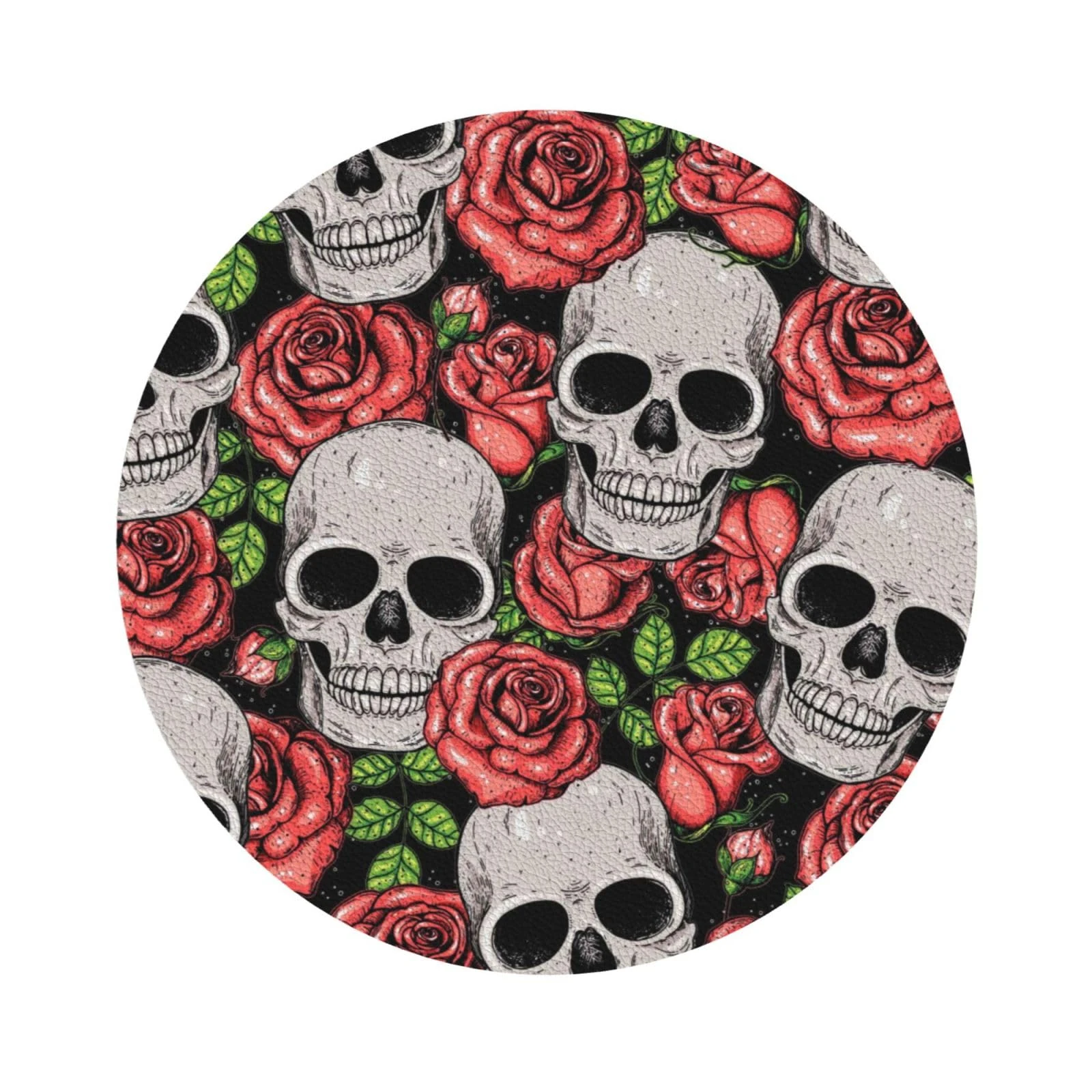 Pevtufa Skull and Roses Leather Coasters for Drinks Sets 4 Pcs Drink Table Cup Coasters for Living Room Kitchen Bar Coffee Decor