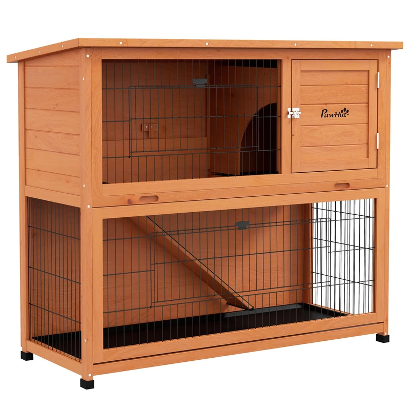 PawHut Rabbit Hutch Guinea Pig Hutch Wooden with No-Leak Tray, Asphalt Roof, Base, Antiseptic Wood Outdoor for 1-2 Rabbits 120 x 50 x 102cm - Orange