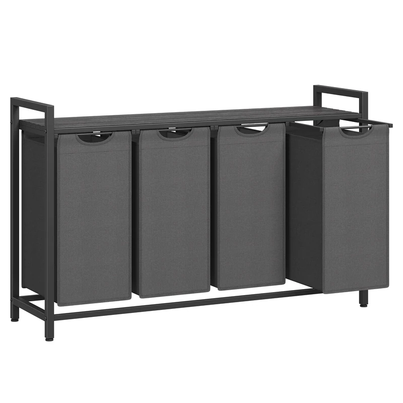 VASAGLE Laundry Basket, 4-Compartment Laundry Hamper, Pull-Out and Removable Liner Bags, Clothes Sorter, Shelf, Metal Frame, 4 x 40 L, 116 x 33 x 72 cm, Slate Grey and Charcoal Grey BLH401G01