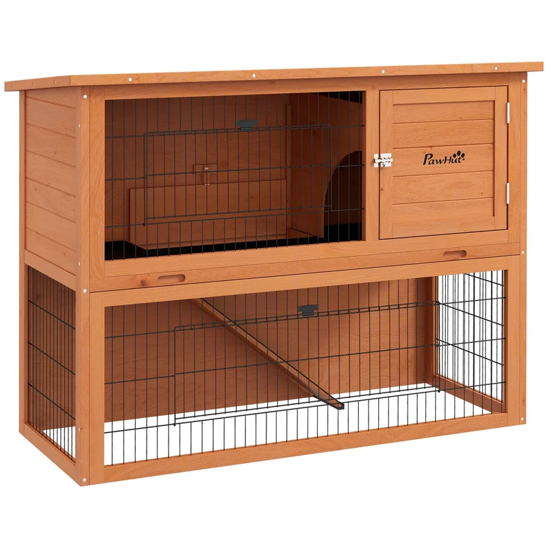 PawHut Wooden Rabbit Hutch, Antiseptic Outdoor, for 1-2 Rabbits - Orange