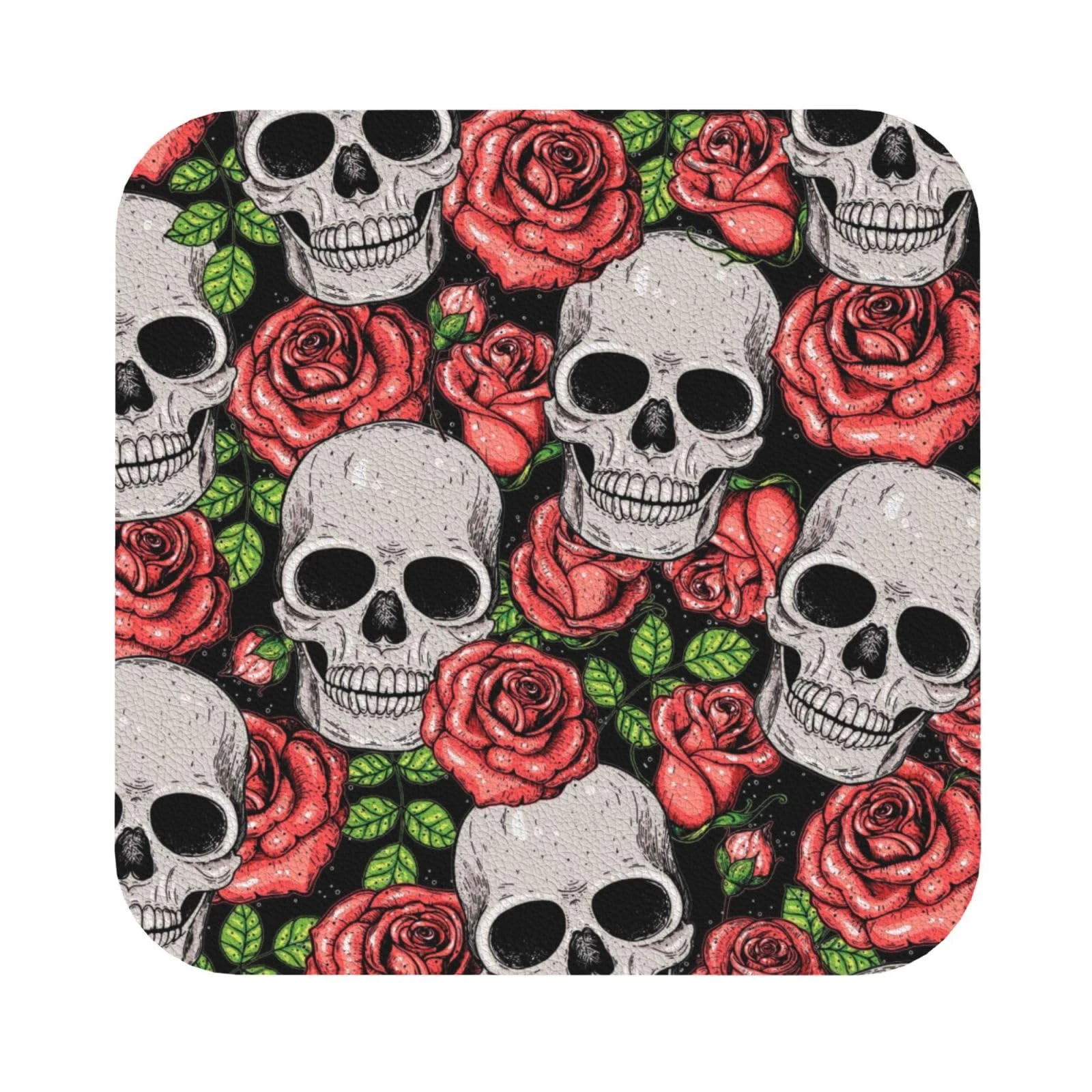 Pevtufa Skull and Roses Leather Coasters for Drinks Sets 4 Pcs Drink Table Cup Coasters for Living Room Kitchen Bar Coffee Decor