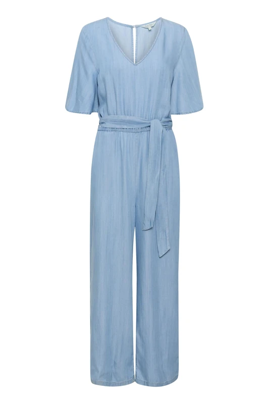 Part Two Women's Women's Jumpsuit Half Sleeves V-Neck Wide Legs Side Pockets Belt Jumpsuit, Medium Blue Denim,