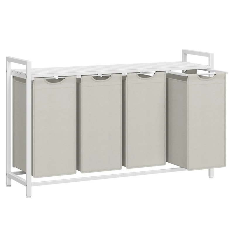 VASAGLE Laundry Basket, 4-Compartment Laundry Hamper, Pull-Out and Removable Liner Bags, Clothes Sorter, Shelf, Metal Frame, 4 x 40 L, 116 x 33 x 72 cm, Cream White and Matte White BLH401W01