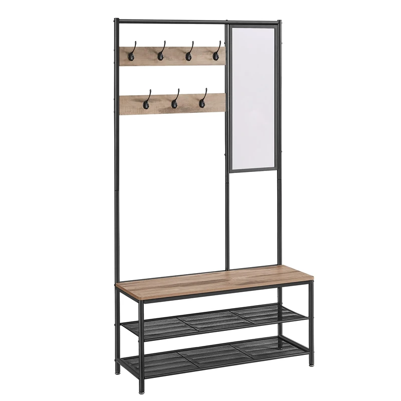 VASAGLE Coat Rack with Shoe Storage, Coat Stand for Hallway with Mirror, Hooks, Bench, and Shoe Shelves, 35 x 98 x 180 cm, Hallway Bedroom Entryway, Industrial, Camel Brown and Ink Black HSR415K01
