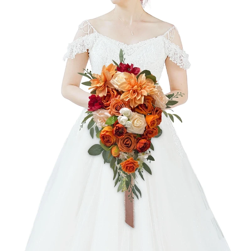 CherishedMoments Burnt Orange Artificial Flowers Bridal Bouquet Terracotta Flowers Teardrop Bridal Bouquet Artificial Cascading Bouque for Wedding Ceremony and Anniversary