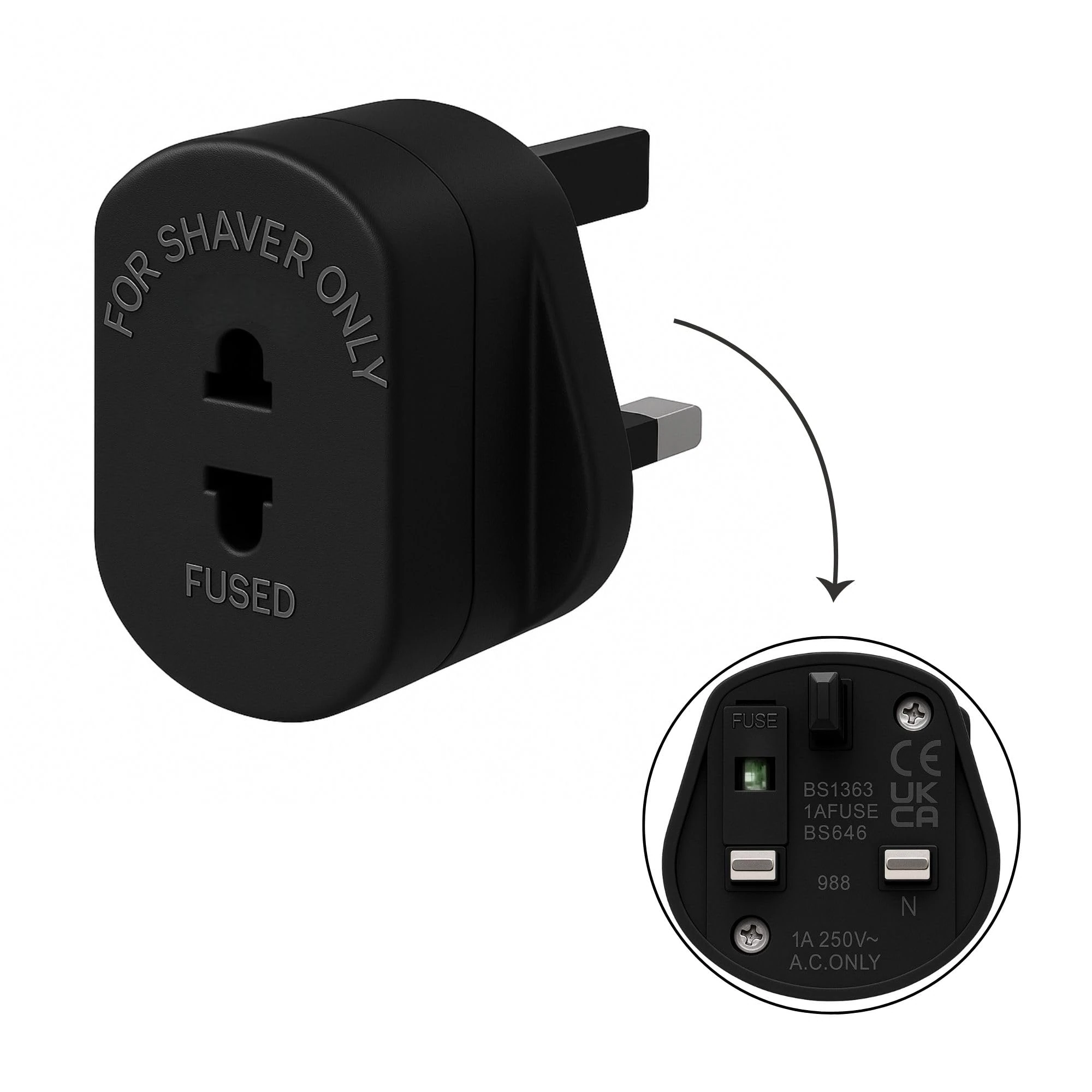 WEMAK EU to UK Plug Adapter | 2 Pin to 3 Pin Adapter Plug UK | Electric Shaver & Toothbrush Compatible | European to UK Plug Adapter | Travel Plug Adapter | Reliable Converter to UK Plug (Black)