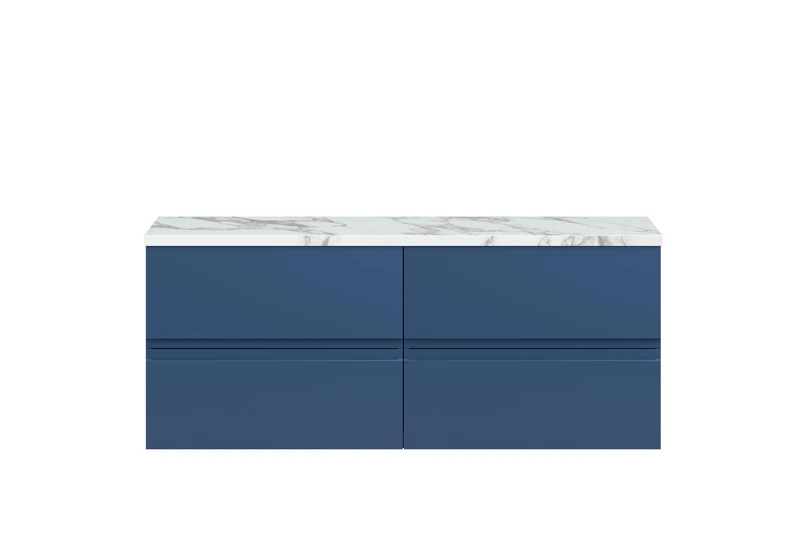 Hudson Reed URB304LCM2 Urban Modern Bathroom Wall Hung 4 Soft Close Drawer Vanity Unit and Carrera Marble Laminate Worktop, 1200mm, Satin Blue