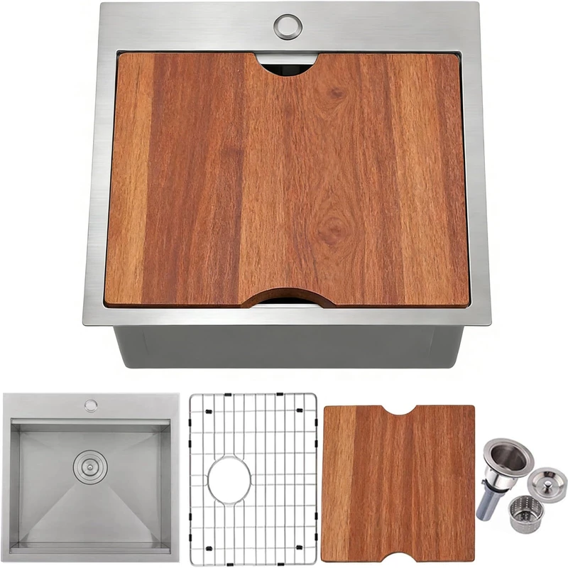VALISY Drop in Kitchen Sink, 21x20 Inch Bar Sink Workstation Stainless Steel Outdoor Topmount Small Sinks, 16 Gauge Single Bowl Kitchen Sinks for Laundry Office Wet Bar Prep RV Yard with Accessories