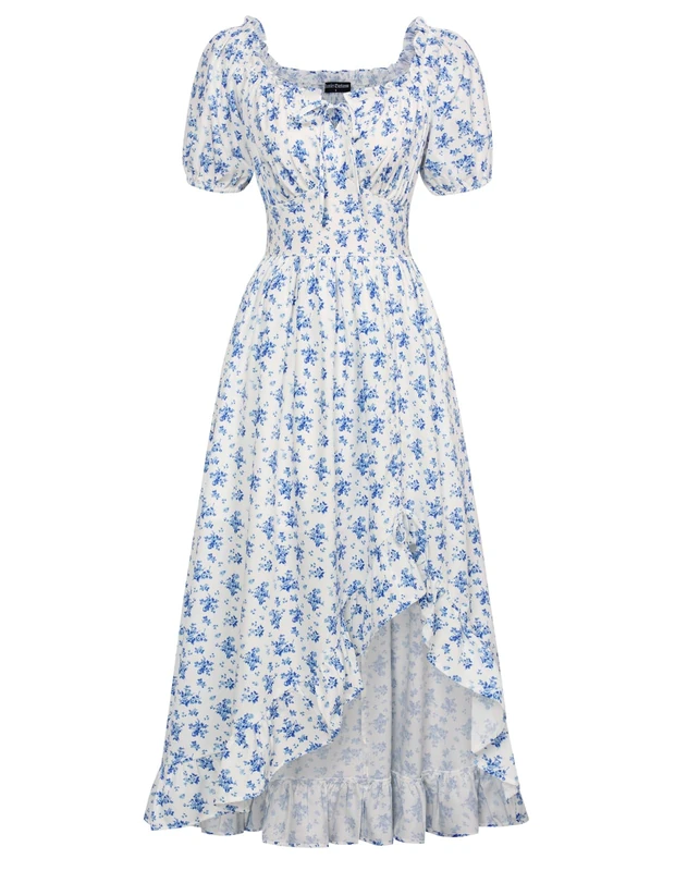 SCARLET DARKNESS Summer Floral Milkmaid Dress Cottagecore Corset Dress with Pockets, Blue Flower, M