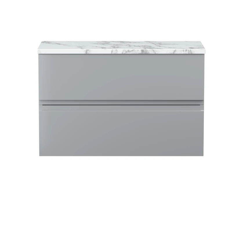 Hudson Reed URB206LCM Urban Modern Bathroom Wall Hung 2 Soft Close Drawer Vanity Unit and Carrera Marble Laminate Worktop, 800mm, Satin Grey - Image 1