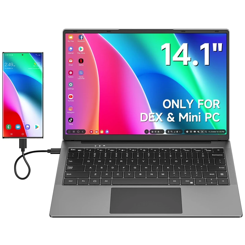 Dopesplay 14.1" Lapdock for Samsung DeX and Mac Mini, Portable Monitor with Keyboard, Compatible with DEX-phones/Full-featured USB-C/HDMI Laptops & Steam Deck- Grey - Image 1