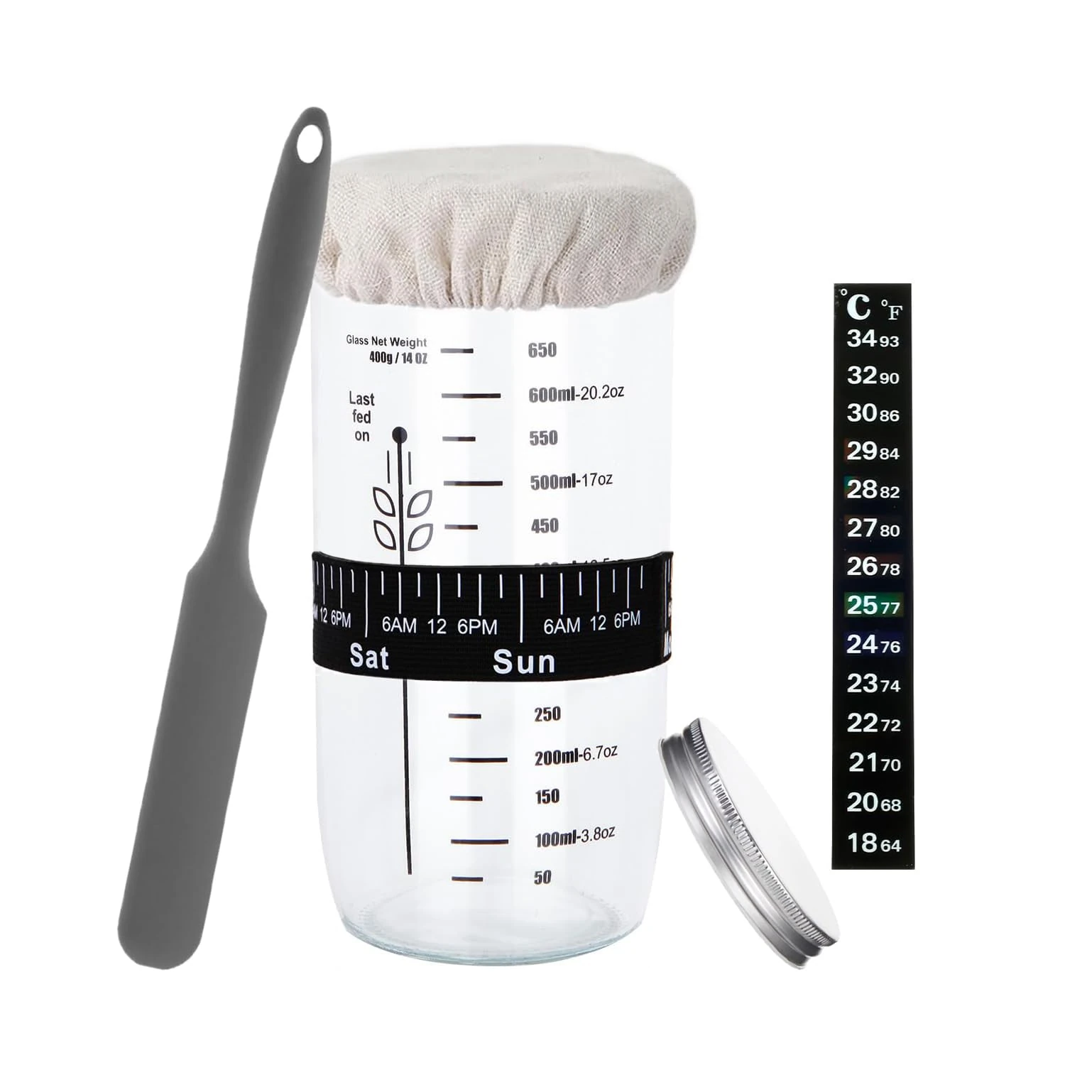 Hniuyun Sourdough Starter Kit with Thermometer & Scraper - 650ml Wide Mouth Glass Jar, Reusable Baking Supplies with Cloth Cover & Metal Lid