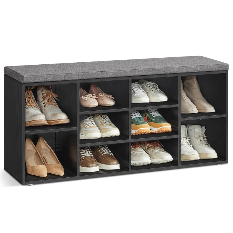VASAGLE Shoe Bench, Storage Bench with Padded Cushion, 10 Compartments, Adjustable Shelves, for Living Room, Hallway, 30 x 104 x 48 cm, Ebony Black LHS010B08 - Image 1