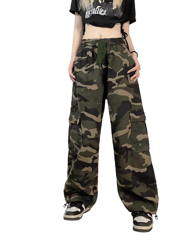 SESERAGI Cargo Pants Women Baggy Streetwear Y2K Drawstring Trousers Wide Leg Pants, A-Baggy Camouflage, M - Image 1