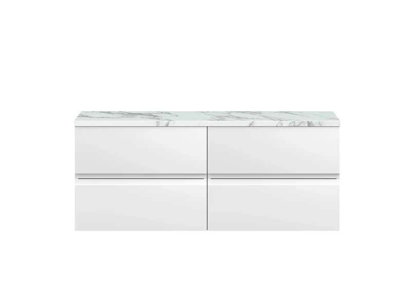 Hudson Reed URB104LCM2 Urban Modern Bathroom Wall Hung 4 Soft Close Drawer Vanity Unit and Carrera Marble Laminate Worktop, 1200mm, Satin White