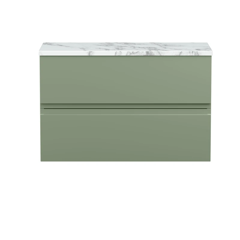 Hudson Reed URB806LCM Urban Modern Bathroom Wall Hung 2 Soft Close Drawer Vanity Unit and Carrera Marble Laminate Worktop, 800mm, Satin Green